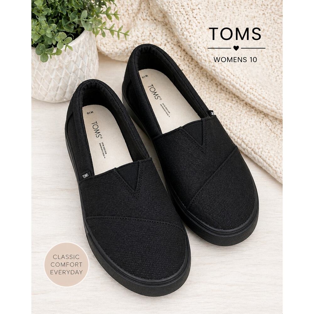 TOMS Black Slip On Shoes Canvas Flats Womens 10 Platform Casual